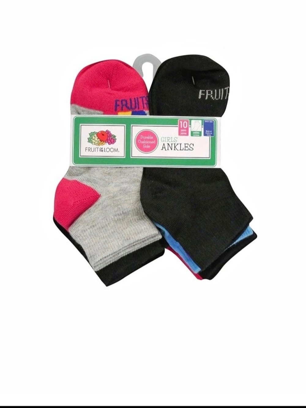 Fruit of the Loom Girls Ankle Socks 10-Pack Black & Pink Girls 7.5-9